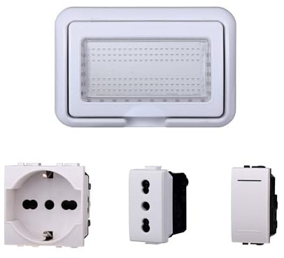 Kit Placca Scatola 504 Premontato IP55, 4 Moduli Presa Schuko + Bipasso + Interruttore, Compatibile Con Bticino Living, Colore Bianco, Placca Stagna Idrobox Incasso Da Esterno