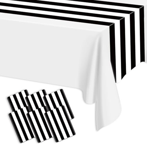Lot de 6 chemins de table à rayures noires et blanches - 35 x 275 cm - En plastique - Jetables - Classique - Décoration de table pour fêtes, mariages, dîners, célébrations