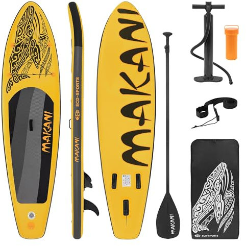 ECD Germany Aufblasbares Stand Up Paddle Board Makani | 320 x 80 x 15 cm | Gelb | PVC | bis 120 kg | Pumpe Tragetasche Zubehör | SUP Board Paddling Board Paddelboard Surfboard | Verschiedene Modelle