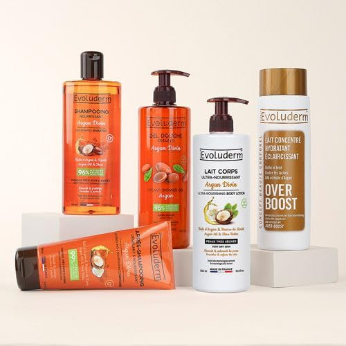 Routine Corps & Cheveux Argan Divin+ Lait Eclaircissant - Gel Douche Argan - Shampooing Argan - Lait Argan - Après Shampooing Argan - Ingrédients d'Origine Naturelle - Végan - Fabriqué en France