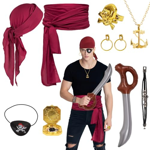 Crazycos 9 Stück Piraten Kostüm Zubehör Damen Herren Stirnband Gürtel Kompass Halskette Armband Ohrring Ring Augenmaske Piraten Aufblasmesser geeignet für Halloween karibische Maskerade Rollenspiele
