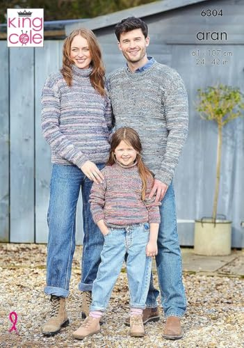King Cole Family Aran Knitting Pattern Pamphlet - 6304 Family Sweaters (3 Designs) 24-42in