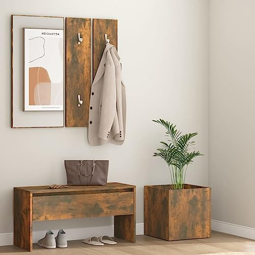 Qnhdfrt Flurmöbel Set Räuchereiche Holzwerkstoff mit Spiegel Garderobe & Pflanzkasten 80 cm Sitzbank Flur mit Stauraum für Schuhe & Deko Robustes Design für Wohnung Schlafzimmer