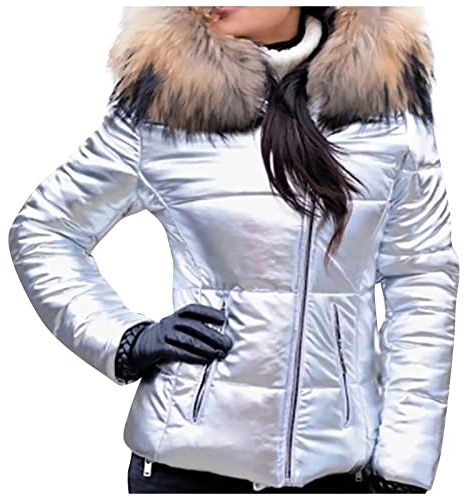 FUPODD Daunenjacke Damen Winter Kurz Glänzend Steppjacke Leicht Mit Kapuze Winterjacke Damen Warm Fellkapuze Puffer Jacke Reflektierend Steppmantel Reissverschluss Wintermantel Kurze Daunenmantel