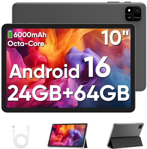 Tablette Android 16,10 pouces 24 GB RAM + 64 GB ROM, extensible jusqu'à 2 To, résolution d'écran 1080p, processeur octa-core Unisoc T606, WiFi 6/double caméra/Face ID/GPS/batterie 6000 mAh (Noir)