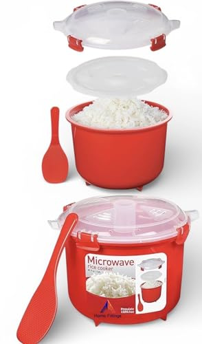 Microwave Rice Cooker & Steamer Pasta Soup Round Microwave Food Container with Spoon | 2.6L | Food Containers with Steam-Release Vents | BPA-Free | Vegetable Steamer easy cook