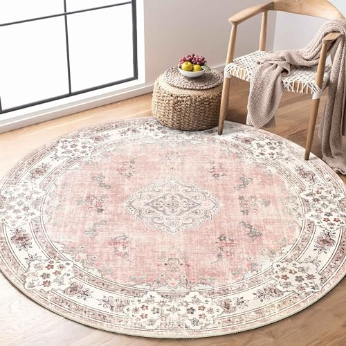 Tapis Rond Rose de 120 cm de diamètre, Lavable, idéal pour Chambre, Salon, Salle de Bain, Style bohème, Petit Format, antidérapant, à Motifs Floraux Rose poudré.