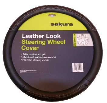 Sakura 'Racing' Steering Wheel Cover Black Stitched Design Universal Easy Fit for Most Cars Vehicles Improve Grip Soft Comfortable Faux Leather Look