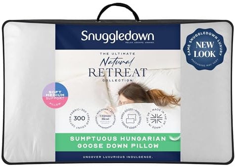 Snuggledown Hungarian Goose Down Pillow - 80:20 Ethically Sourced Fill for Front & Back Sleepers | Jacquard Cotton Cover, UK‑Made, Non-Allergenic & Washable (48 × 74 cm)
