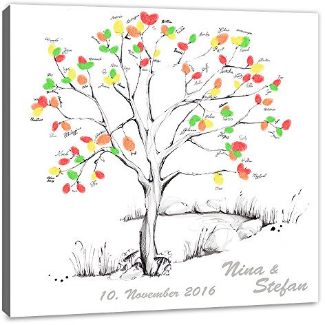 galleryy.net Fingerabdruck Leinwand 80x80 cm mit NAMEN & DATUM - INKL Zubehör-Set (Stempelkissen+Stift+Anleitung+Hochzeitsbuch+...) - Wedding Tree Zeichenstil grau - Fingerabdruck Baum Leinwand