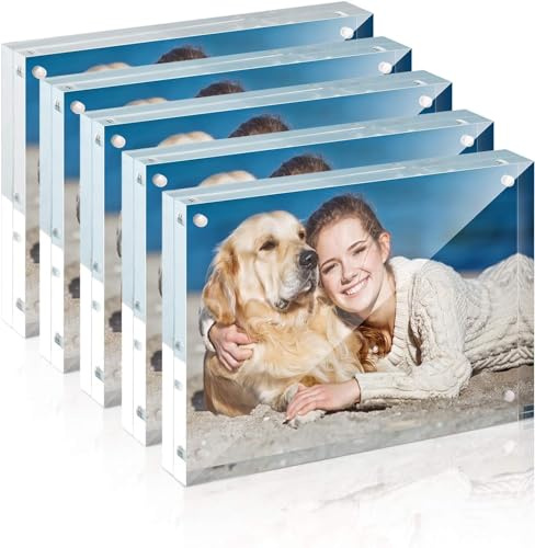 TWING 5x7 Inch Acrylic Picture Frame 5 Pack,12+12MM Thickness Double Sided Acrylic Picture Frames Set with Microfiber Cloth,Clear Horizontal Magnet Photo Frames,Desktop Display Gift Ideal
