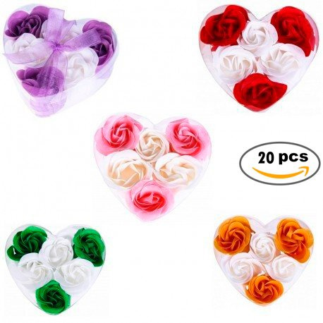 Set di 20 astucci a forma di cuore con 6 fiori di sapone decorati con fiocco, saponi, saponi, cuori di rosa, per bomboniere di nozze, comunione, compleanno, San Valentino, regali.