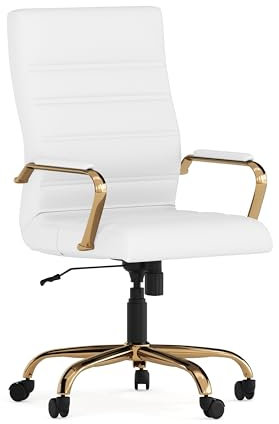 Flash Furniture Chefsessel, Drehstuhl, weißes Leder, goldfarbenes Gestell, 69 x 66 x 109 cm (B x T x H), High Back