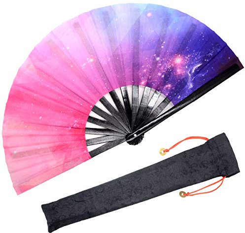 OMyTea Bambus Großer Rave Faltbarer Handfächer für Männer/Frauen,Chinesischer japanischer Handfächer mit Stoffhülle,für elektronische Tanzmusik Festival Party, Dekorationen, Geschenk (Galaxy Dream)