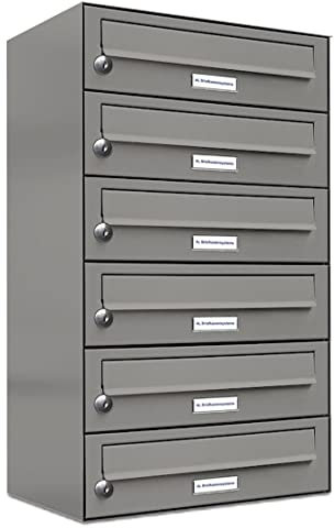 AL Briefkastensysteme 6er Briefkastenanlage Aluminiumgrau RAL 9007, Premium Briefkasten DIN A4, 6 Fach Postkasten modern Aufputz