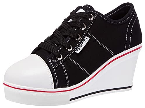 ANUFER Mujer Tacón de Cuña con Cordones Lona Zapatos Deportivos Alpargatas SN02435 Negro EU38.5