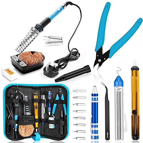 HANDSKIT Soldering Iron Kit with Solder, 60W Adjustable Temperature, 2 Tips, Desoldering Pump, 8in1 Screwdriver, Tin Wire, Stand, Tweezers