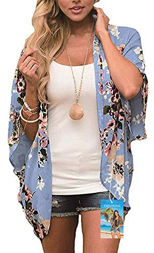 YULOONG Damenmode Bademode Vertuschung Chiffon Blumendruck Kimono Lose Schal Strickjacke Sommer Bluse Bademode Capes, Blau, M