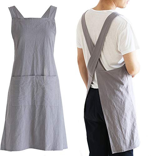 NEWGEM Delantales de cocina de lino japonés con espalda cruzada para hombres con bolsillos para hornear, pintura, jardinería, limpieza, gris