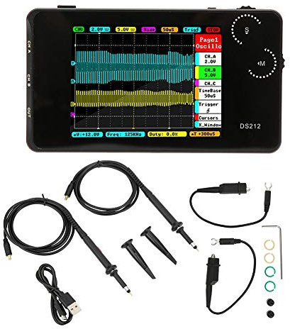 Walfront DS212 Oscilloscope Portatif Oscilloscope Numérique Portable de Poche 2 Canaux Oscilloscope de Stockage sur Disque U 8MB avec Interface USB, Ecran LCD TFT Couleur