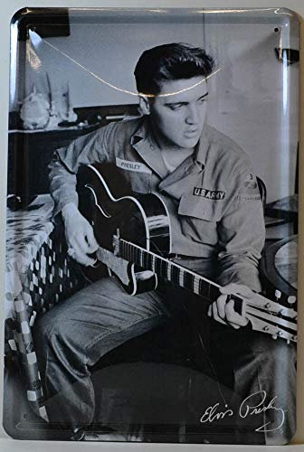 Blechschilder Elvis Presley Gitarre U.S Army Bekannte Persönlichkeiten Celebrities Deko Schild Metallschild Retro Türschild Vintage Eingang Geschenk zum Geburtstag oder Weihnachten 20x30 cm