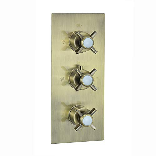 ENKI, Edwardian, TSV062, Concealed Thermostatic Triple Shower Mixer Valve with Two Outlets, Cross Handles, Traditional Bathrooms, Constant Temperature, Antique Brass