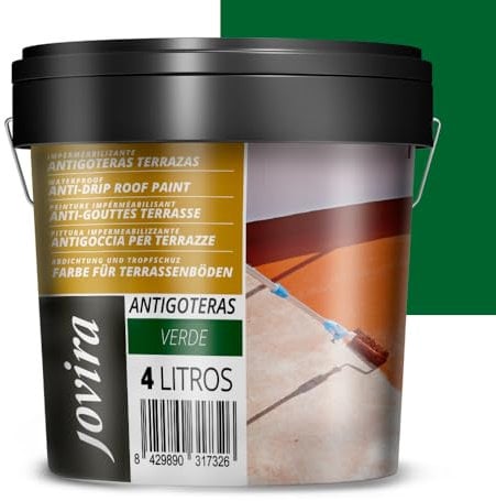 JOVIRA PINTURAS Impermeabilizante Antigoteras, Terraza Antigoteras Caucho Elástica, pintura de terrazas, evita filtraciones en todo tipo de cubiertas y terrazas. (4 Litros, Verde) A-42