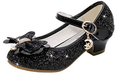 YOSICIL Mädchen Prinzessin Schuhe ELSA Schuhe mit Absatz Anhänger Kristall Schuhe Partei Glitzer Pumps Festliche Schuhe Karneval Party Aufführung Fasching Kostüm Zubehör Schuhe,Schwarz,38