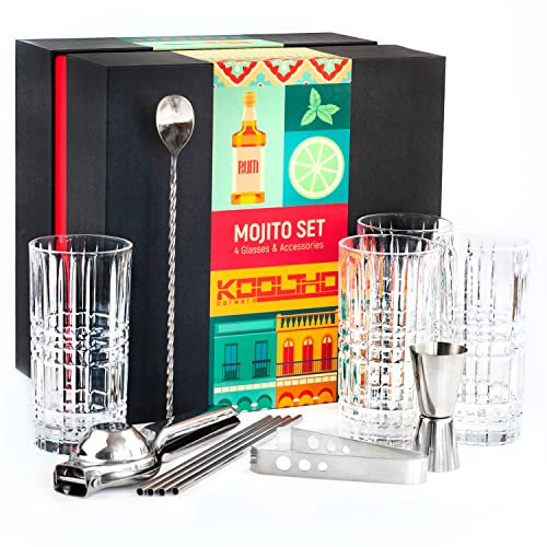 Kit Mojito Complet avec Verre, Coffret Cocktail Mojito Set 4 Verres et Accessoire a Cocktails en INOX, Cadeaux Femme Homme Original Personnalisable, Service Mojitos Ustensile Acier Inoxydable