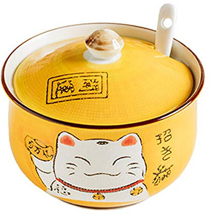 Ceramic Japanese Lucky Cat Sugar Bowl Salt Storage Jar with Lid and Spoon