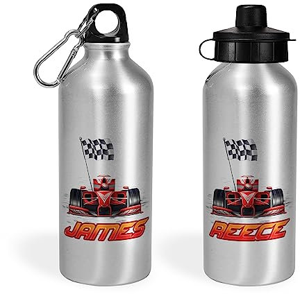 Print Maniacs Personalised Water Bottle School Sport Cap Drink White Silver 600ml or 400ml Aluminium Kid Boys Girls Biking Gift Racing Car (Silver, 600ml)