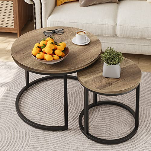 Nesting Couchtische 2er Set für Wohnzimmer - Holz Rund Couchtisch und Beistelltisch Modern - Industrie Design Mit Stabilem Metallrahmen