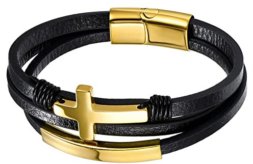 JewelryWe Schmuck Armband Herren Lederarmband Retro Kreuz Handgefertigt Leder Geflochten Mehrreihig Wickelarmband Armreif Manschette mit Edelstahl Magnetverschluss, Schwarz Gold
