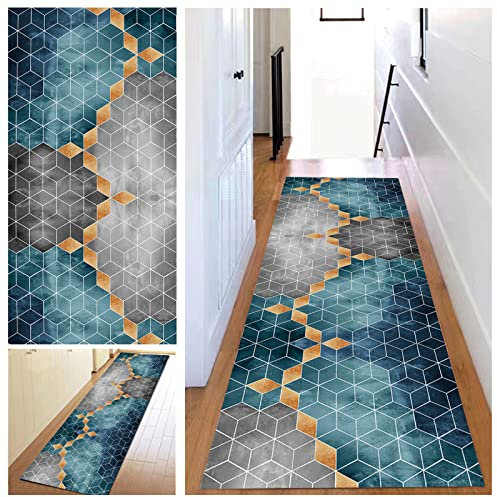 KCYXSMAX Teppich Läufer Flur 50 * 150cm Blau Grau Kariert Küchen Teppich Weich Polyester Lange Küchenläufer für Korridor Schlafzimmer Wohnzimmer Geometrisches Waschbar Meterware Anpassbar