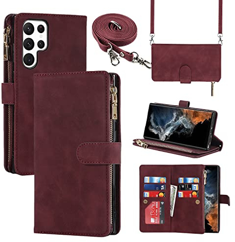 Cavor Coque Compatible avec Samsung Galaxy S22 Ultra 5G Etui avec Cordon,Flip Portefeuille Pochette Étui en Cuir,[9 Porte Cartes][Longue Cordon][Double Boucle],Collier Housse Etui - Rouge