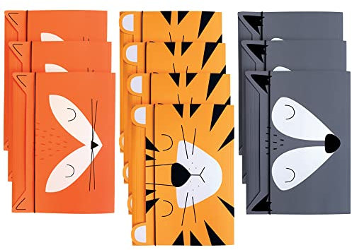 Sammelmappe A4 - Gummizug Zeichenmappe für Kinder - aus Starkem Karton - Soft-Touch - Innen und Außen Bedruckt - Lustige Form - 3 Motive Sortiert: Fuchs + Tiger + Wolf - 10er Pack
