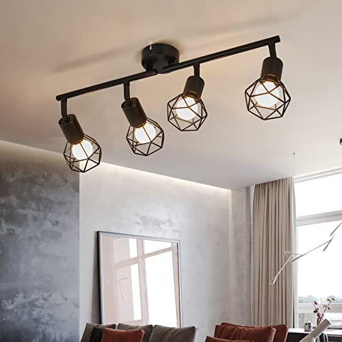 FORCOSO Deckenstrahler Vintage Schwenkbar 350°, Deckenleuchte Vintage 4 Flammig, Verstellbar Deckenlampe Schwarz Metall E14 max. 40 Watt, für Küche Wohnzimmer Schlafzimmer Flur, Ohne Leuchtmittel