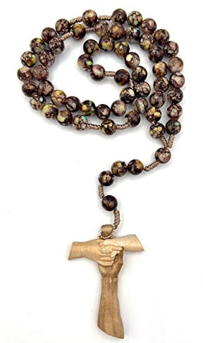 Freundschafts-Rosenkranz aus braunem marmoriertem Glas und Kreuz aus Holz. Körnung 8. Italienisches Produkt.