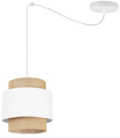 Light-Home Boho Hängelampe - Rattan Lampe - Deckenlampe für Wohnzimmer Schlafzimmer und Esszimmer - Pendelleuchte aus Metall mit Lampenschirm aus Stoff - E27-1-Flammig - Weiß und Jute