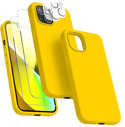 Dssairo [5-in-1 Entworfen für iPhone 13 Hülle, mit 2 Displayschutzfolien + 2 Stück Kameraobjektivschutz, Flüssigsilikon, schlanke, stoßfeste Schutzhülle [Mikrofaserfutter] 6.1 (gelb)…