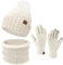 ZASFOU Damen Winter Beanie Mützen Schal Touchscreen Handschuhe Set Chenille Strick Wintermütze Winterhandschuhe Loop Schal,Weiß