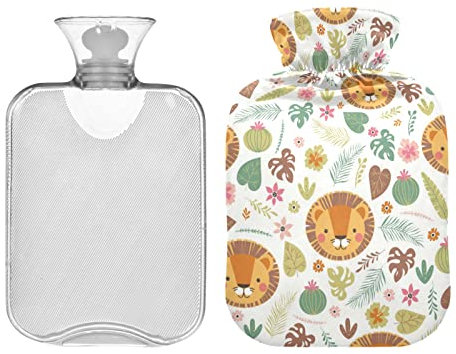 Süße Löwe Tropische Pflanzen Wärmflasche mit Bezug Transparente Wärmflasche 1L Warmwasserflasche für Nacken und Schulter Schmerzlinderung Handfüße Wärme- und Kältetherapie