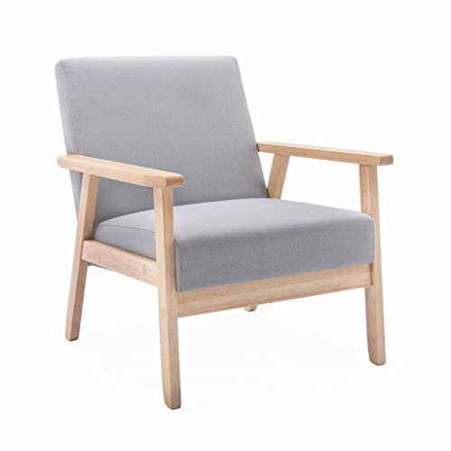 Alice's Home - Fauteuil scandinave en Bois et Tissu Gris Clair. Isak. L 64 x P 69.5 x H 73cm