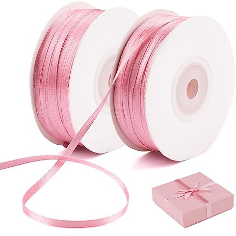 182m x 3mm Satinband Rosa, 2 Rollen Doppelseitig Geschenkband Rosa, Schleifenband Rosa Dekoband Bänder für Hochzeit Kommunion Geburtstag Bastelarbeiten (91m/Rollen)