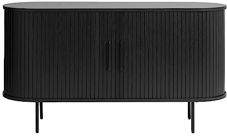 Trendstore Uriel Sideboard in Lamellenoptik, Schiebetüren, moderner Retrolook, Lamellen-Design, Metallakzente, 2 Einlegeböden, praktische Metallfüße, Wohnzimmer, Lamellen Eiche Furnier schwarz, 140