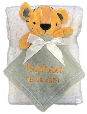 KIDDI-MEDIA Babydecke inklusive Trösterchen mit Name und Geburtsdatum Bestickt/kuschelig weich / 1A Qualität (Grau Tiger)