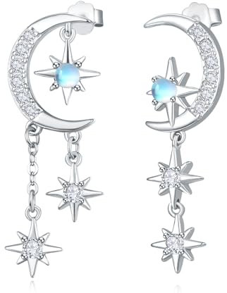 KINGWHYTE Mondstern Ohrringe 925 Sterling Silber Mondstein Tropfen Quaste funkelnd Zirkonia Asymmetrische Ohrringe Schmuck für Frauen Mädchen