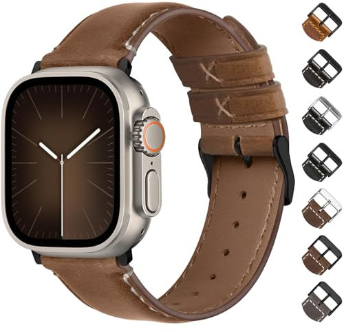 Fullmosa Compatible with Apple Watch Straps 38mm 40mm 41mm 42mm, Leather iWatch Band for Men Women, Replacement Strap for Series 10/9/8/7/6/5/4/3/2/1/SE, Brown+Black Buckle