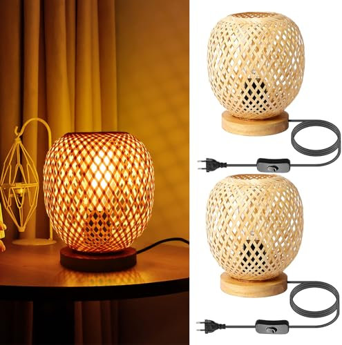 KZT 2pcs Tischleuchte aus Bambusgewebe mit Stecker und Schalter Nachttischleuchte Retro Dekorative Tischlampe Handgefertigte Gewebte Nachtlicht für Schlafzimmer Nachttisch Arbeitszimmer Stehlampe