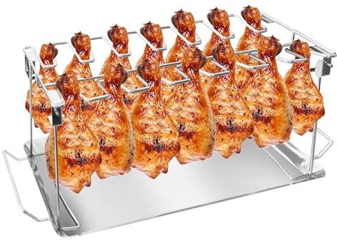 BaokiTook Support de cuisse de poulet pour grill, 14 emplacements en acier inoxydable durable pour fumoir, un outil de cuisson utile pour griller les baguettes de poulet (1 lot avec plateau